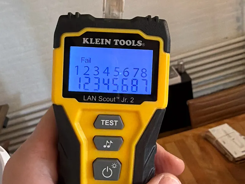 Cable tester showing a failed run with wires 7 and 8 swapped