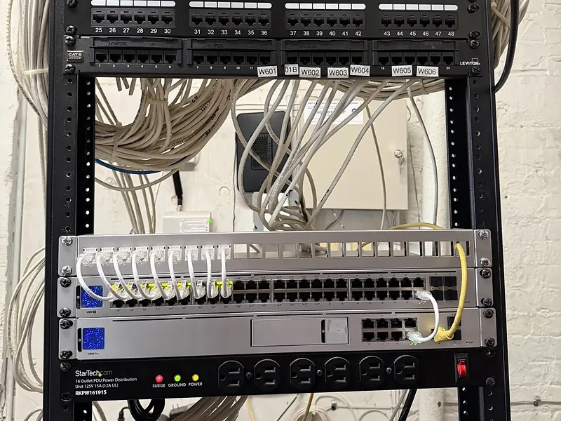Network rack with patch panels, a new UniFi PoE switch and a UniFi gateway
