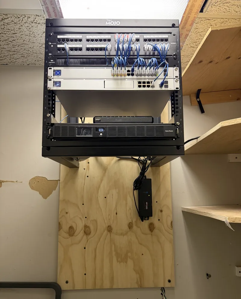 Network rack mounted above a plywood board in a small equipment room