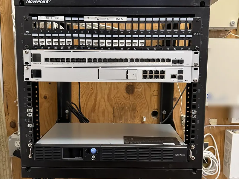 Wall rack with a patch panel, UniFi PoE switch, UniFi gateway and battery backup